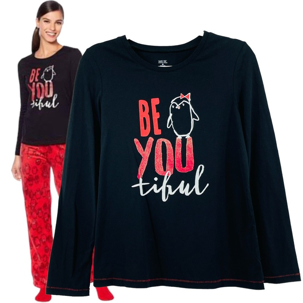 HUE Long Sleeve Crewneck Whimsical Penguin BE YOU TIFUL Beautiful T-Shirt Size M